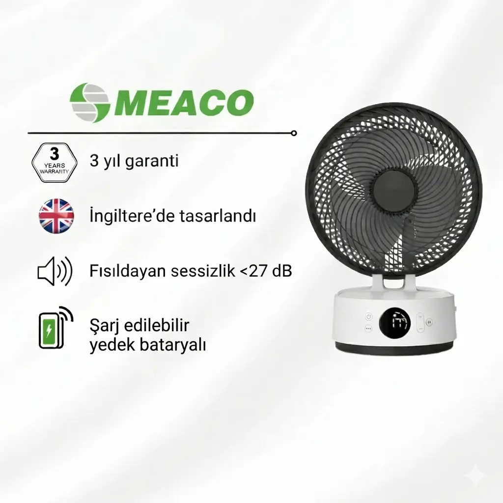 Meaco Sefte® 8" Bataryalı Ultra Sessiz Masaüstü Vantilatör – Uyku Modlu Ve Enerji Tasarruflu Serinletici Fan